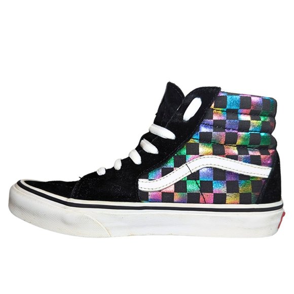 Vans Other - Vans Sk8-Hi Kids Size 3 Rainbow Checkerboard Black Suede Hi Top Lace Up Sneakers